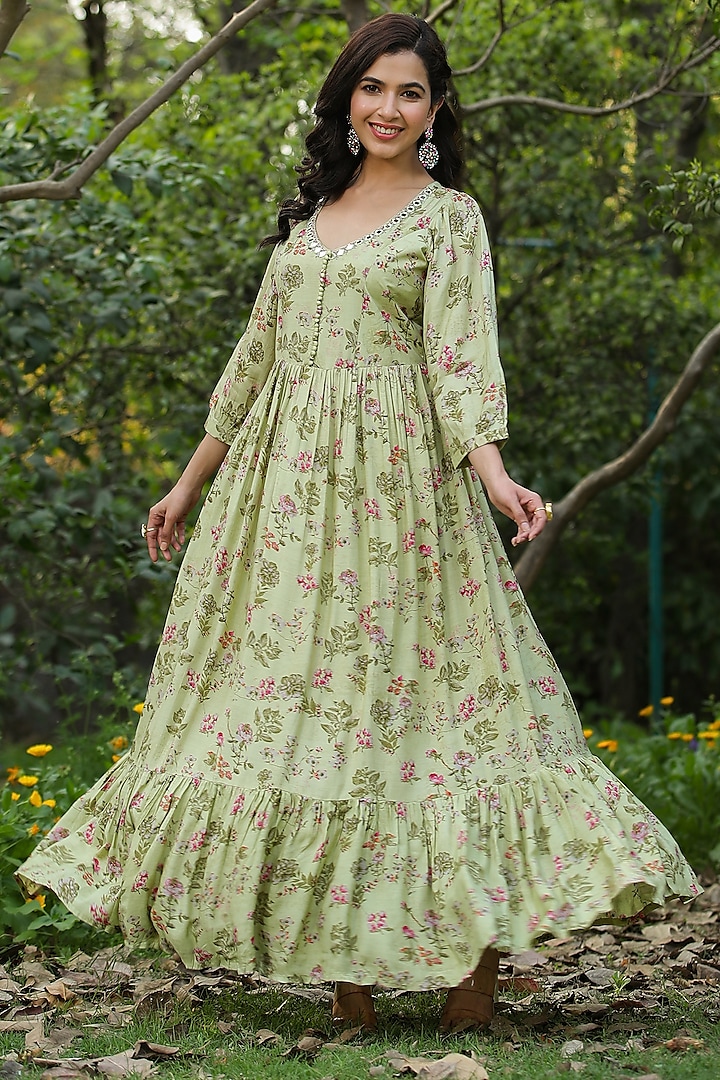 Green Muslin Silk Embellished & Floral Printed Anarkali by Scakhi