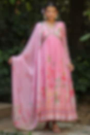 Pink Pure Silk Printed & Embroidered Party Wear Anarkali Set by Scakhi Luxe at Pernia's Pop Up Shop