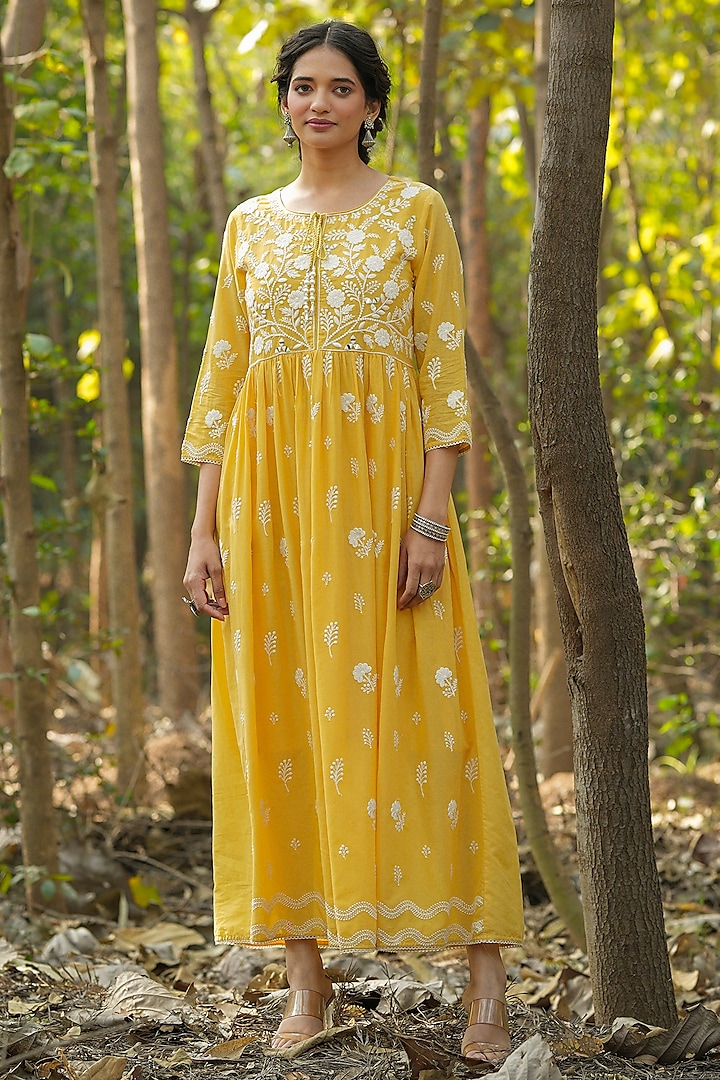 Mustard Cotton Mulmul Chikankari Embroidered Dress by Scakhi