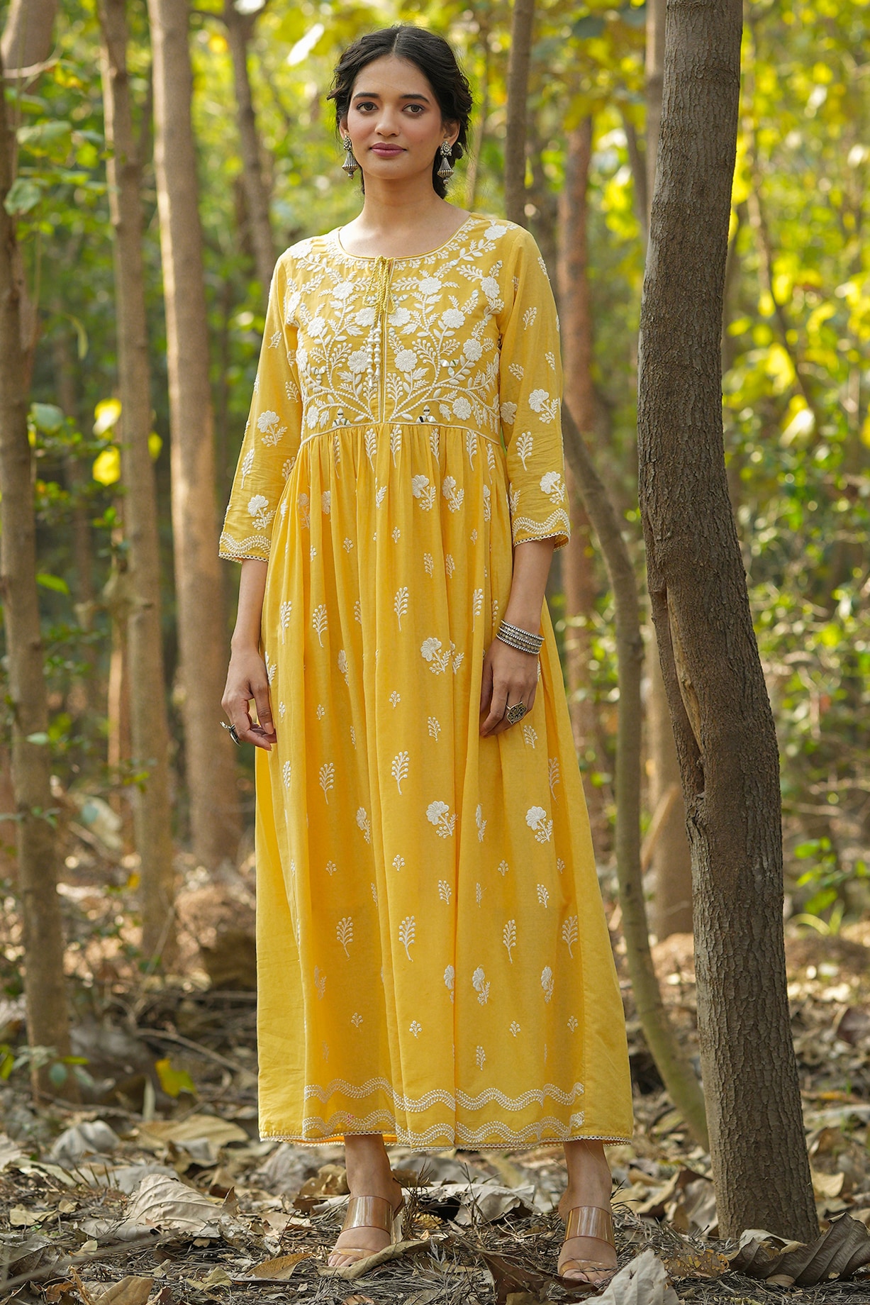 Mustard Cotton Mulmul Chikankari Embroidered Dress by Scakhi at Pernia ...