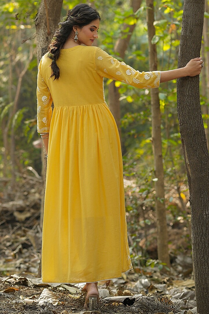Mustard Cotton Mulmul Chikankari Embroidered Summer Dress by Scakhi Luxe at Pernia's Pop Up Shop