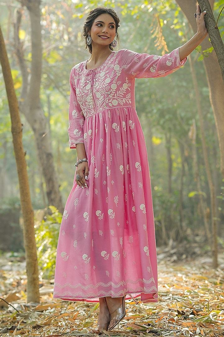 Pink Cotton Mulmul Chikankari Embroidered Dress by Scakhi