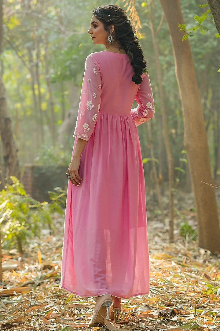 Pink Cotton Mulmul Chikankari Embroidered Summer Dress by Scakhi Luxe at Pernia's Pop Up Shop