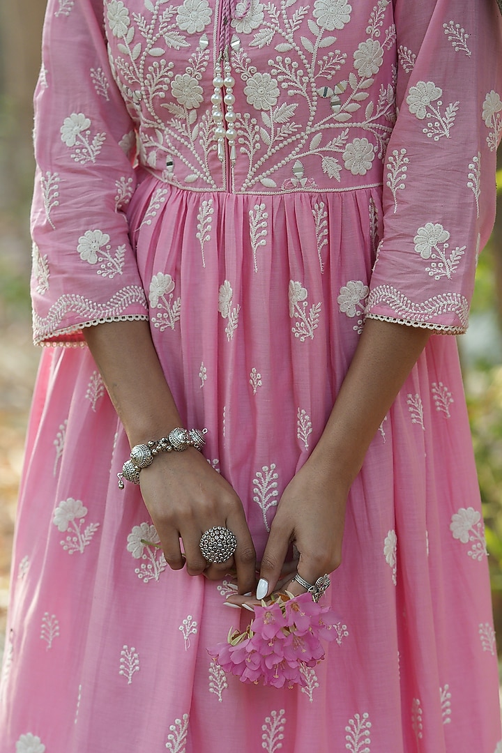 Pink Cotton Mulmul Chikankari Embroidered Summer Dress by Scakhi Luxe at Pernia's Pop Up Shop