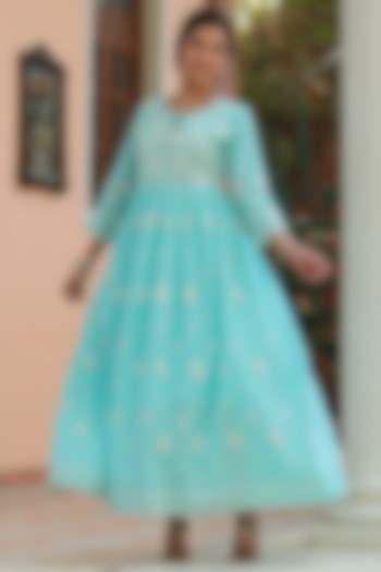 Skyblue Cotton Mulmul Chikankari Embroidered Dress by Scakhi