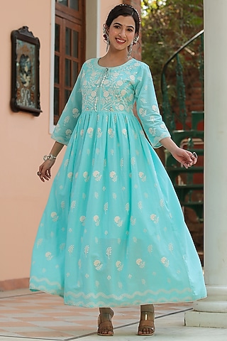 Skyblue Cotton Mulmul Chikankari Embroidered Dress by Scakhi Luxe