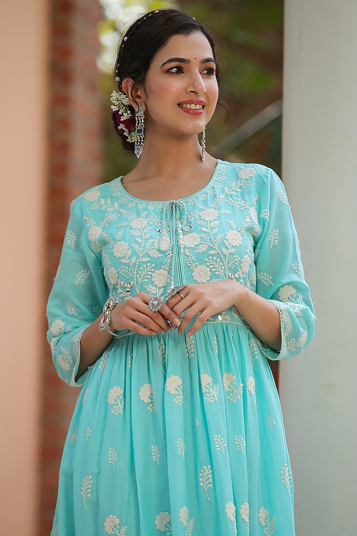 Skyblue Cotton Mulmul Chikankari Embroidered Summer Dress by Scakhi Luxe at Pernia's Pop Up Shop