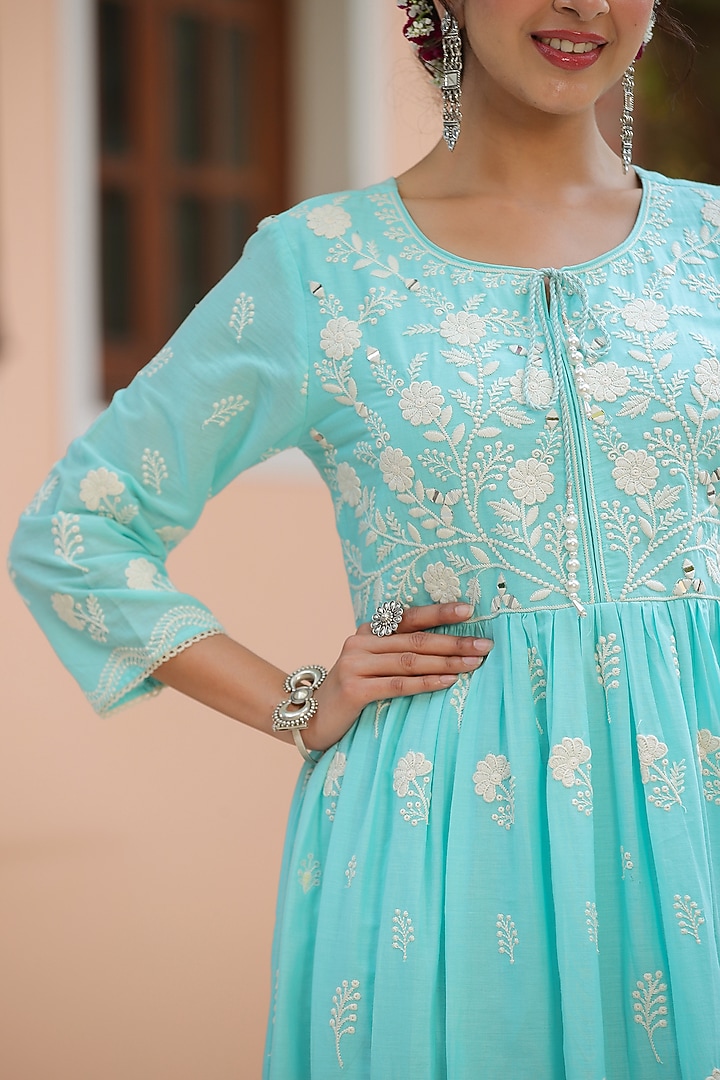 Skyblue Cotton Mulmul Chikankari Embroidered Summer Dress by Scakhi Luxe at Pernia's Pop Up Shop