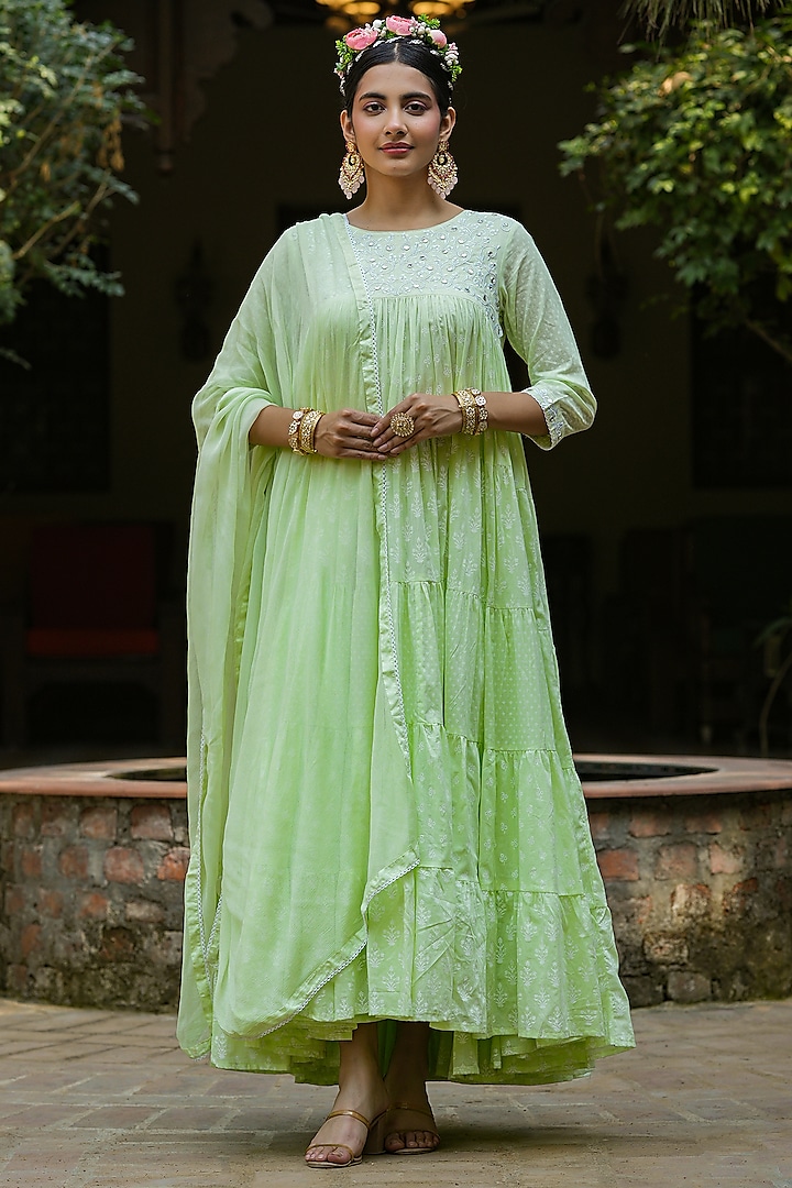Green Mul Cotton Printed & Embroidered Tiered Anarkali Set by Scakhi