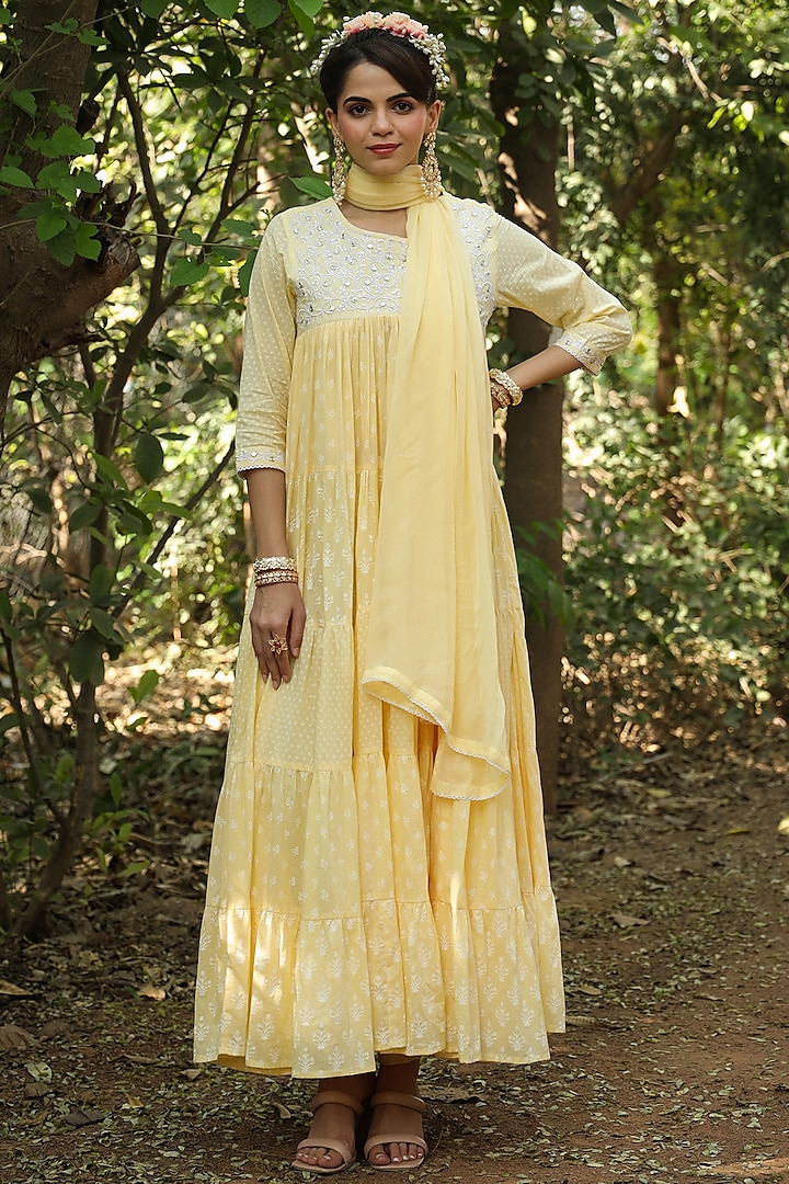 Yellow Mul Cotton Printed & Embroidered Tiered Anarkali Set by Scakhi