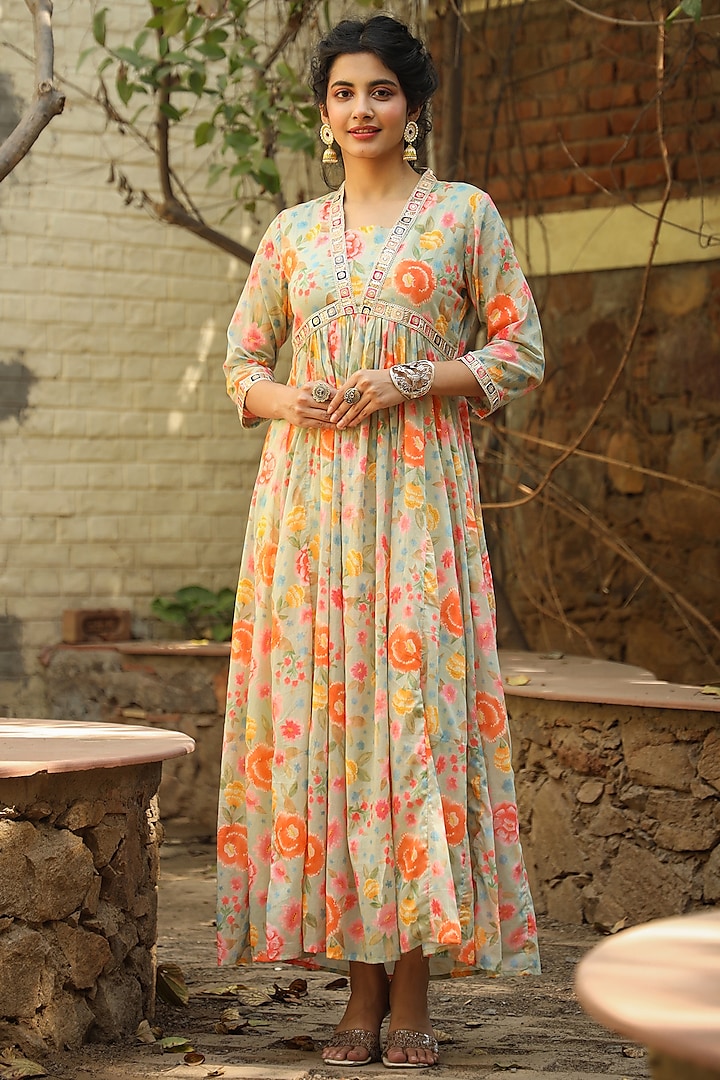 Green Mul Cotton Floral Printed Dress by Scakhi
