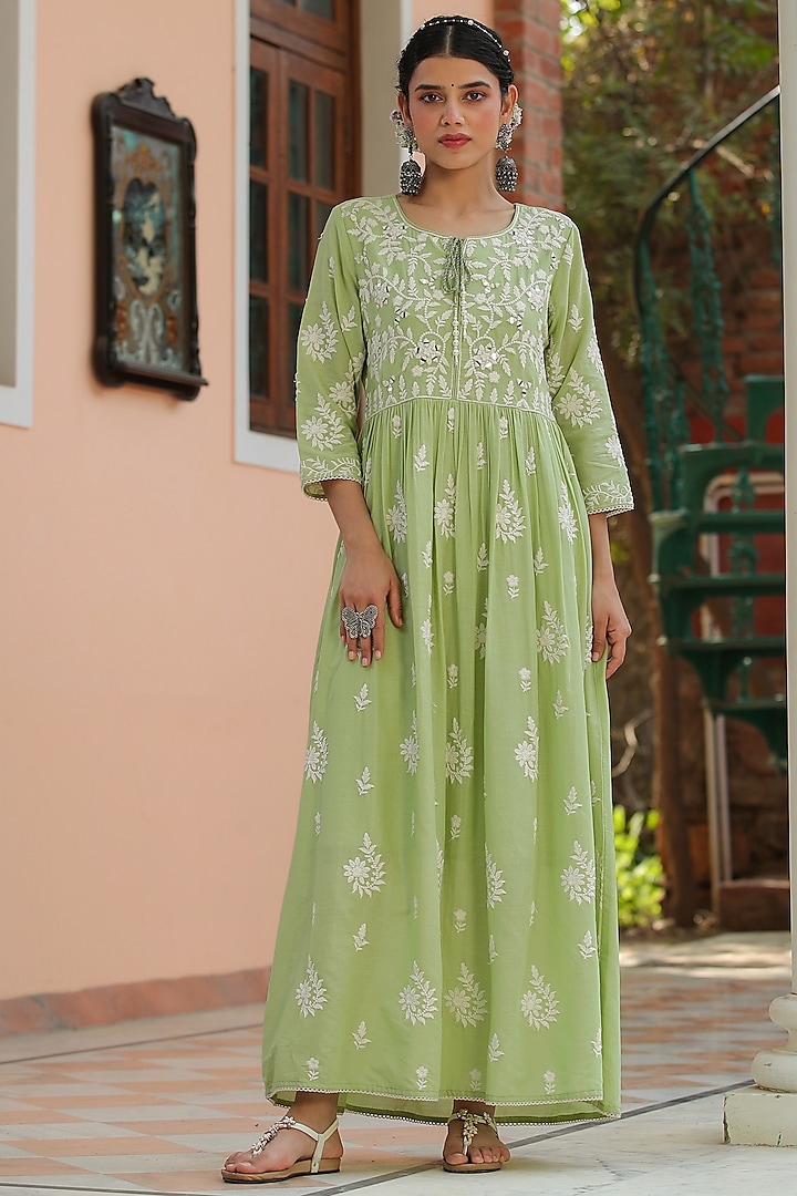 Green Mul Cotton Chikankari Embroidered Dress by Scakhi
