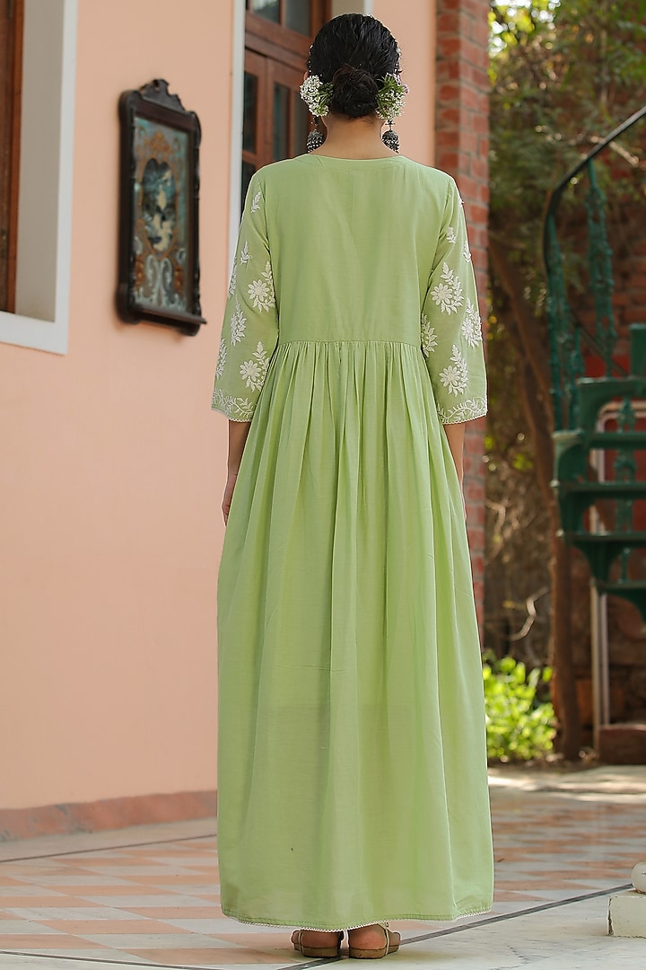 Green Mul Cotton Chikankari Embroidered Summer Dress by Scakhi Luxe at Pernia's Pop Up Shop