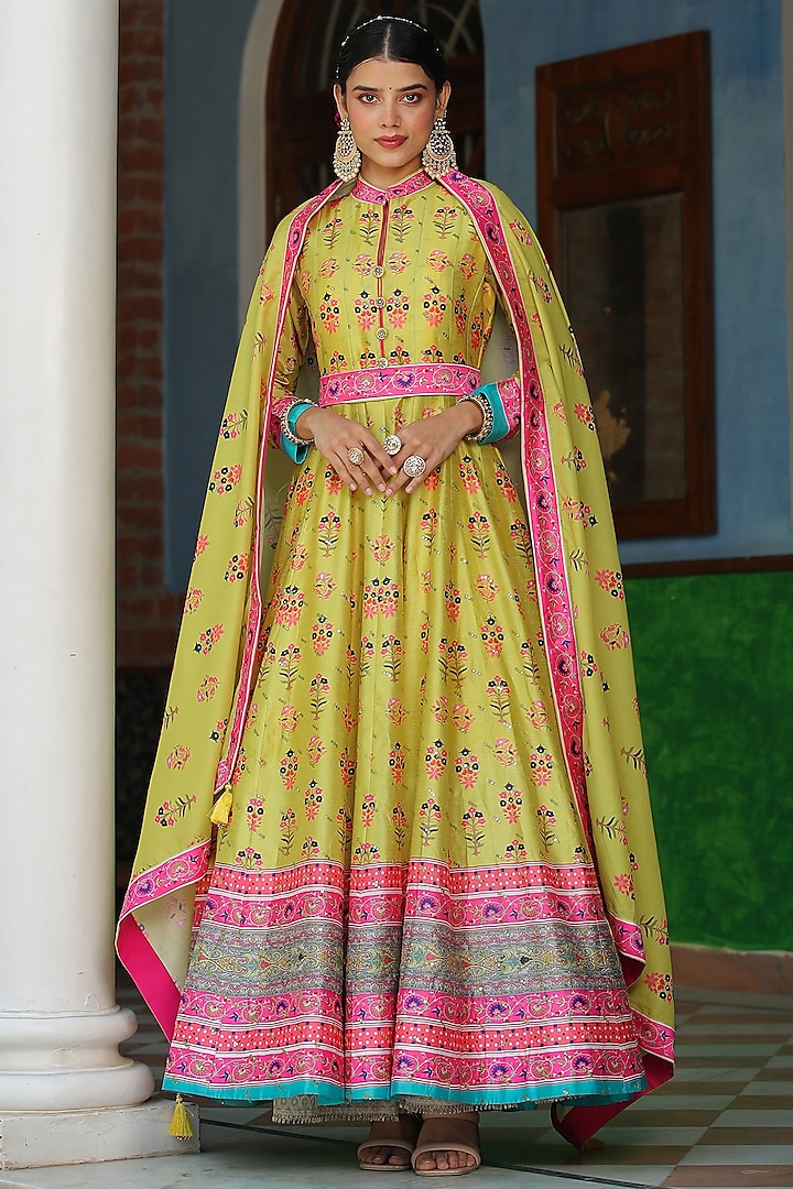 Lime Cotton Silk Embellished & Printed Anarkali Set by Scakhi