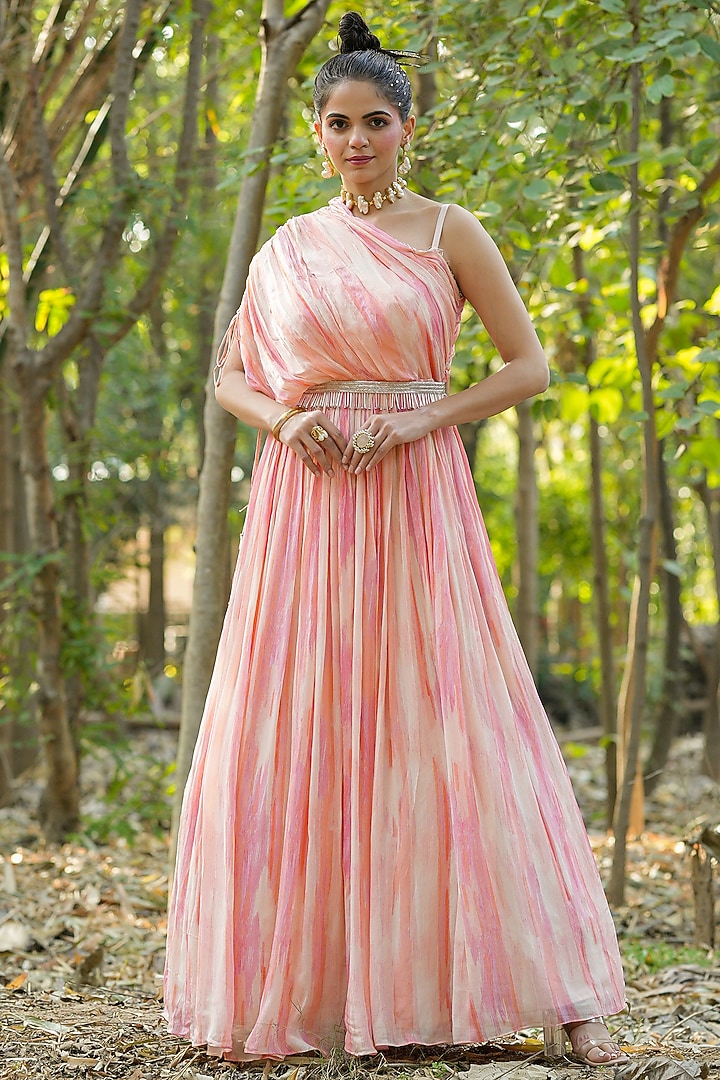 Pink Chinon Silk Tie-Dyed Party Wear Gown by Scakhi Luxe at Pernia's Pop Up Shop