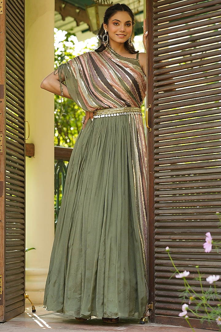 Green Chinon Silk Sequins Embellished Pleated Party Wear Gown by Scakhi Luxe at Pernia's Pop Up Shop
