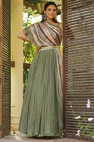 Green Chinon Silk Sequins Embellished Pleated Gown by Scakhi Luxe