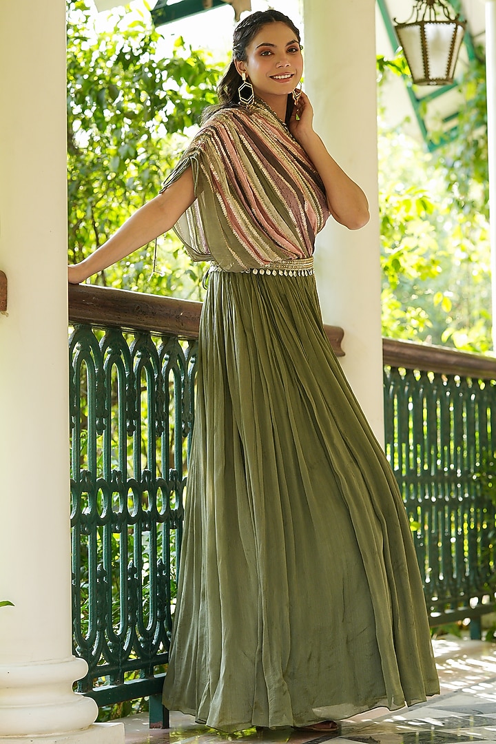 Green Chinon Silk Sequins Embellished Pleated Party Wear Gown by Scakhi Luxe at Pernia's Pop Up Shop