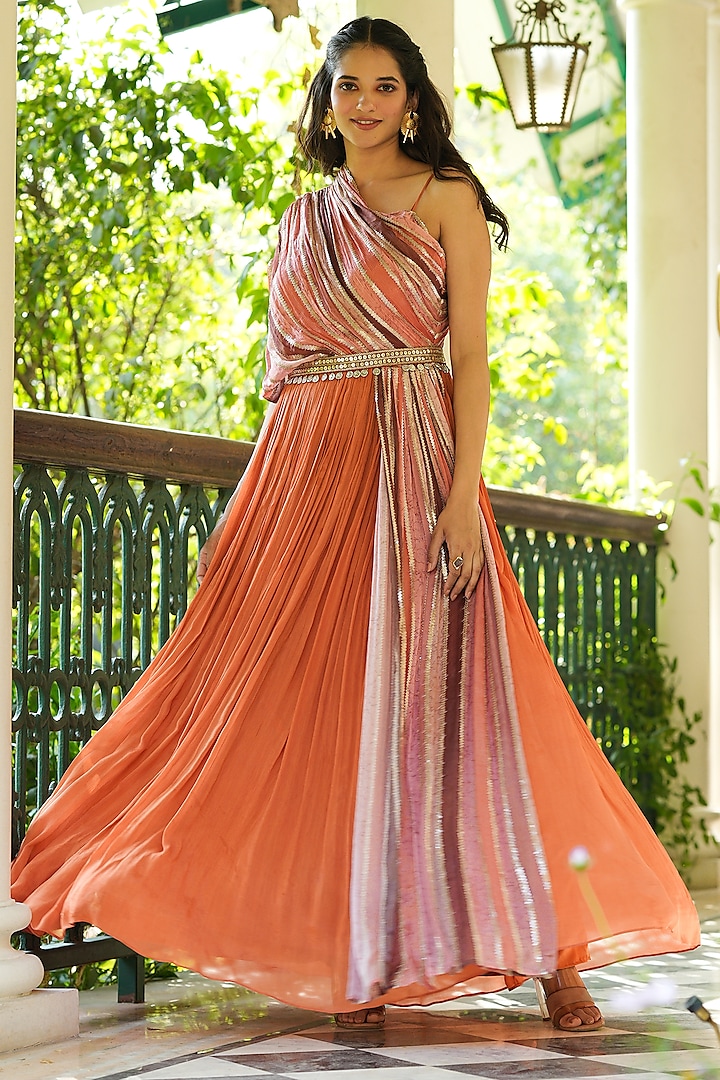 Rust Chinon Silk Sequins Embellished Pleated Party Wear Gown by Scakhi Luxe at Pernia's Pop Up Shop
