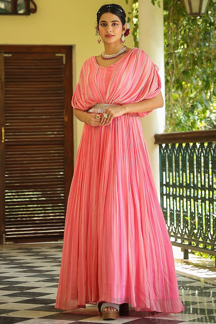 Pink Chinon Silk Striped Gown by Scakhi