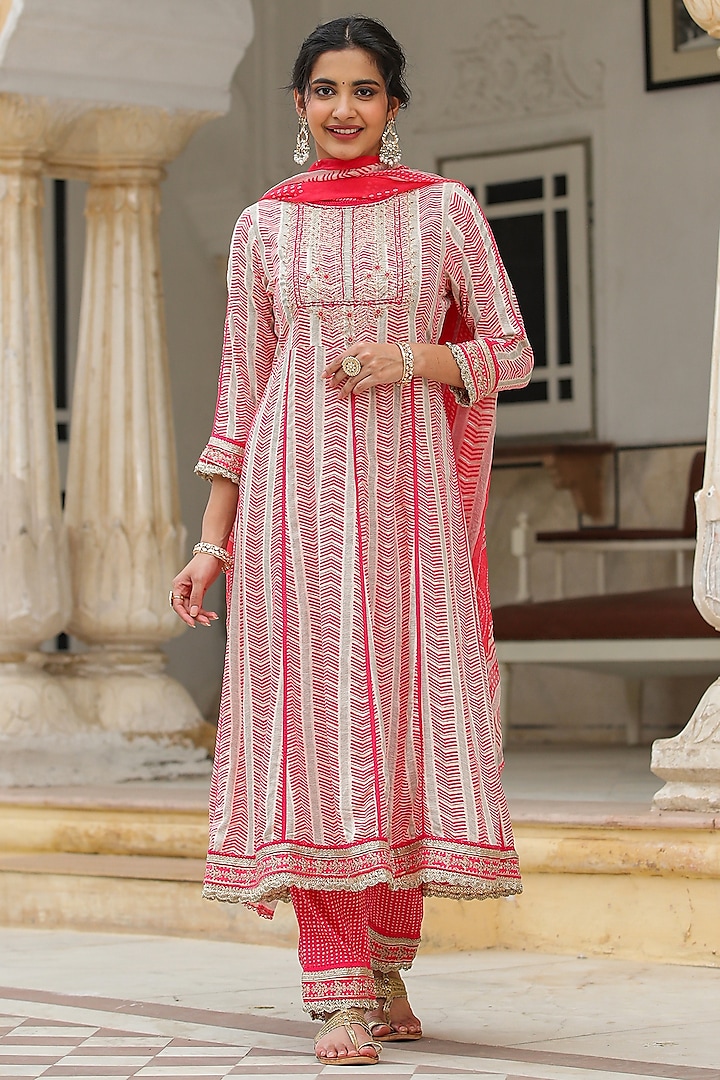Pink Rayon Bandhani Printed & Embroidered Anarkali Set by Scakhi