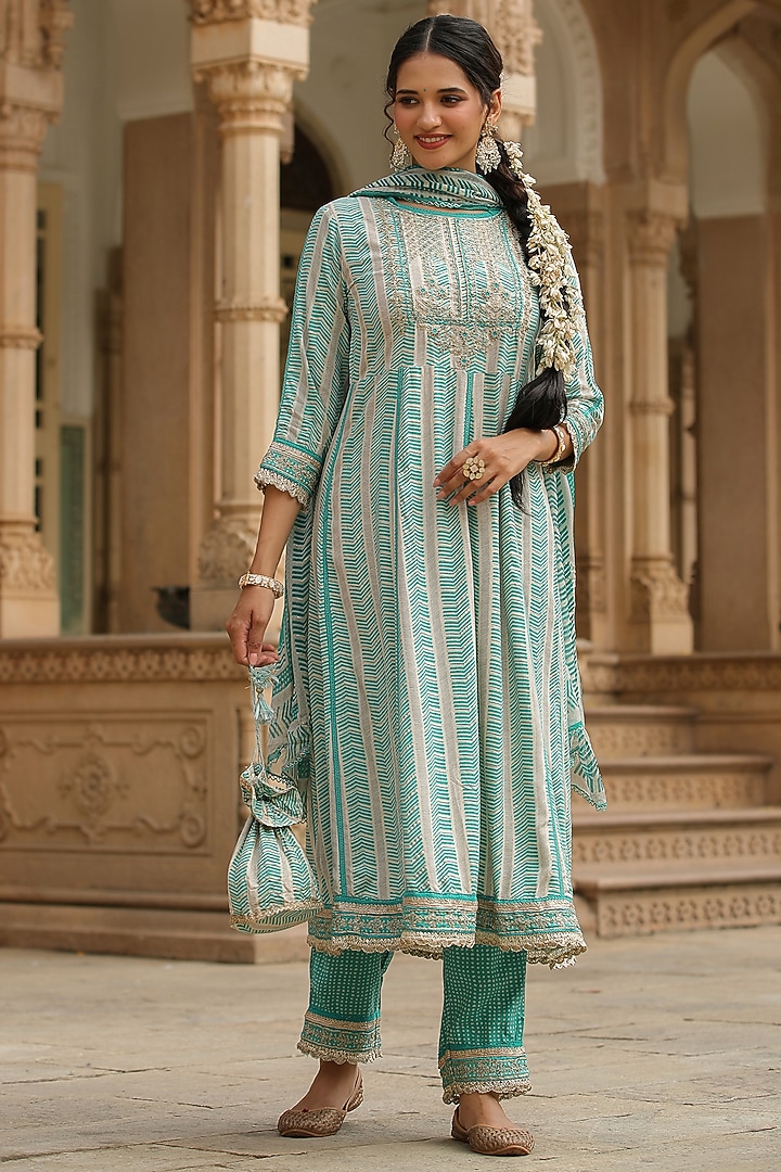 Green Rayon Bandhani Printed & Embroidered Anarkali Set by Scakhi Luxe at Pernia's Pop Up Shop
