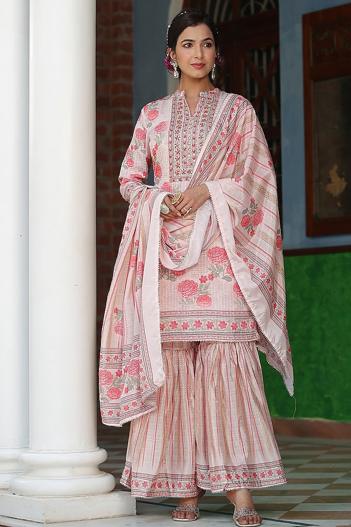 Pink Chinon Silk Printed Sharara Set by Scakhi