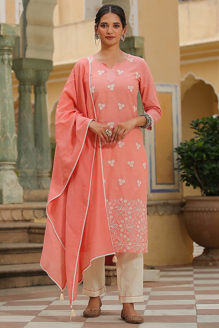Peach Cotton Printed & Embroidered Kurta Set by Scakhi