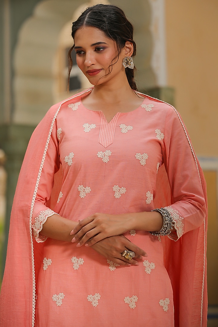 Peach Cotton Printed & Embroidered Kurta Set by Scakhi Luxe at Pernia's Pop Up Shop