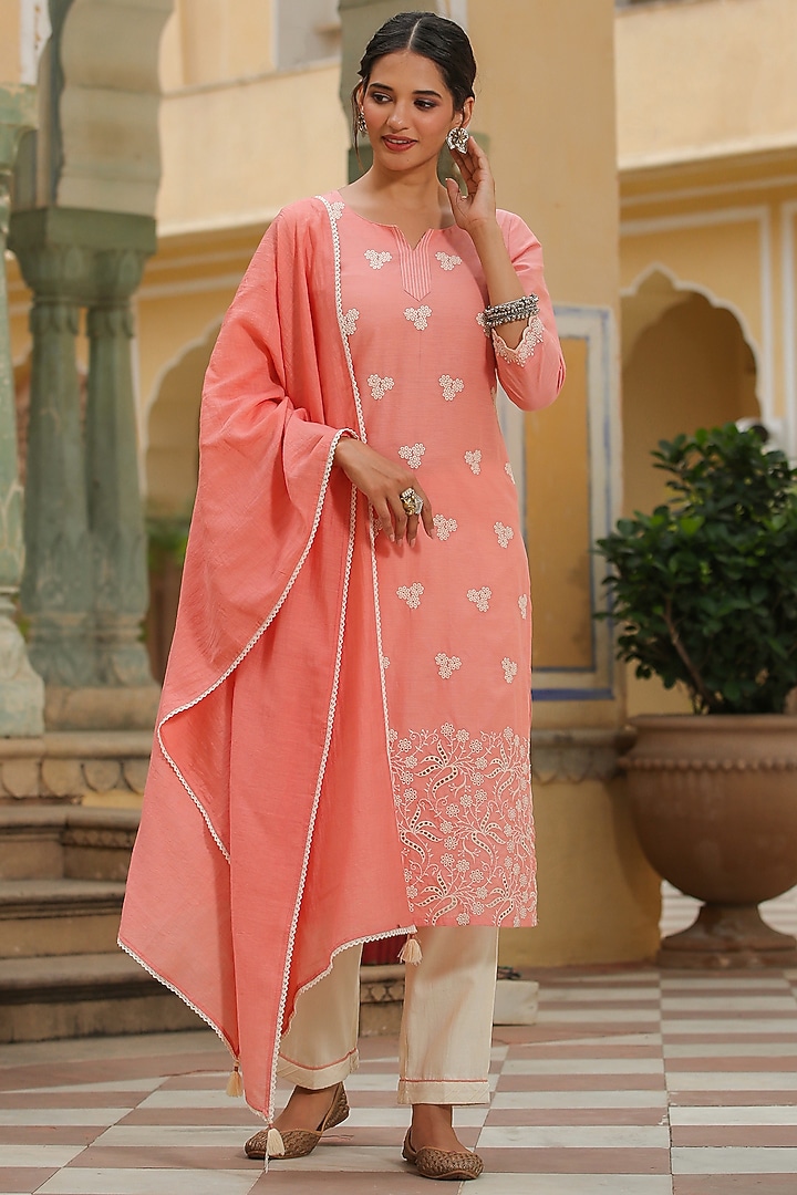 Peach Cotton Printed & Embroidered Kurta Set by Scakhi Luxe at Pernia's Pop Up Shop