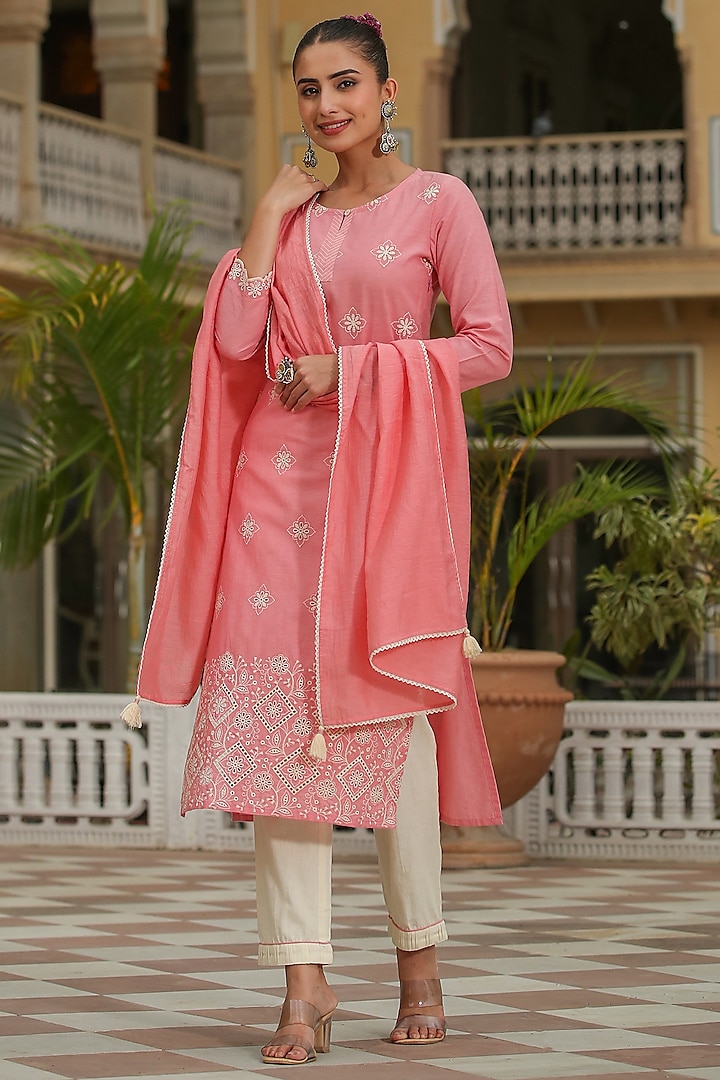 Pink Cotton Printed & Embroidered Kurta Set by Scakhi