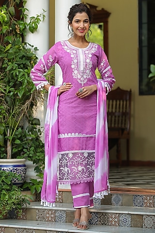 Lavender Cotton Schiffli Chikankari Kurta Set by Scakhi Luxe