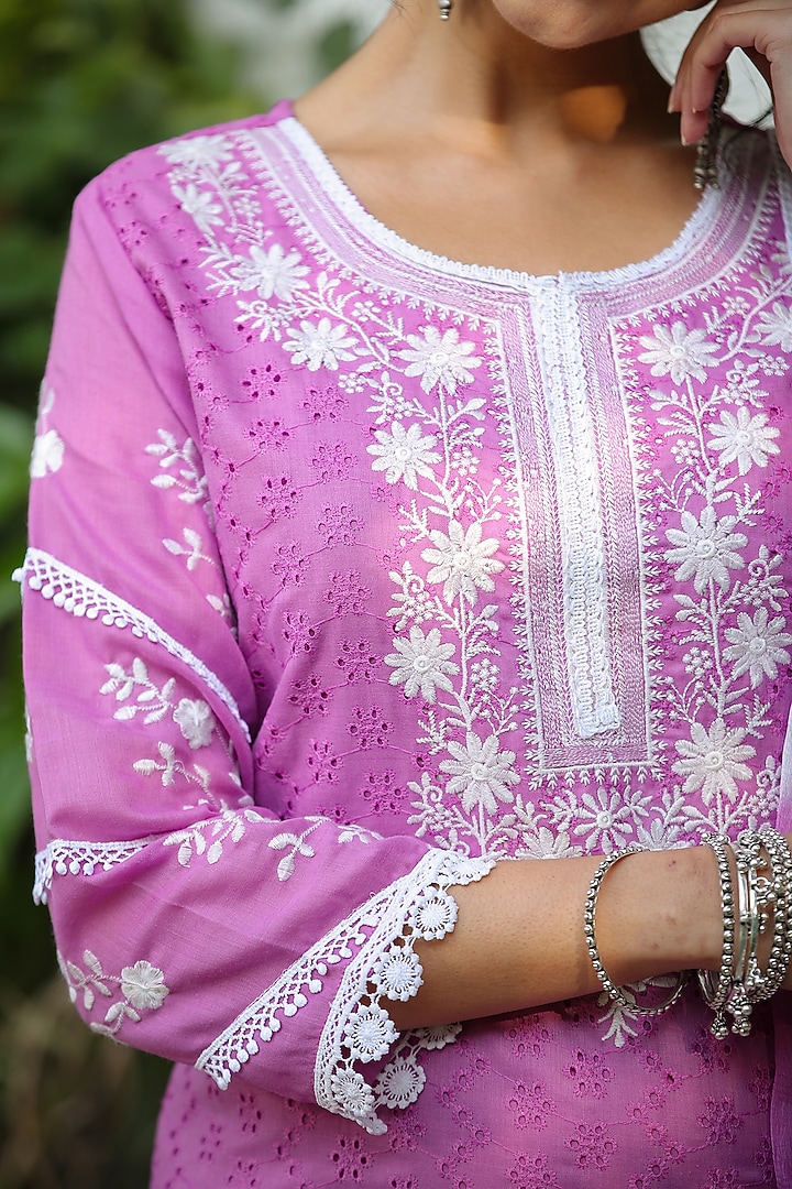 Lavender Cotton Schiffli Chikankari Kurta Set by Scakhi Luxe at Pernia's Pop Up Shop