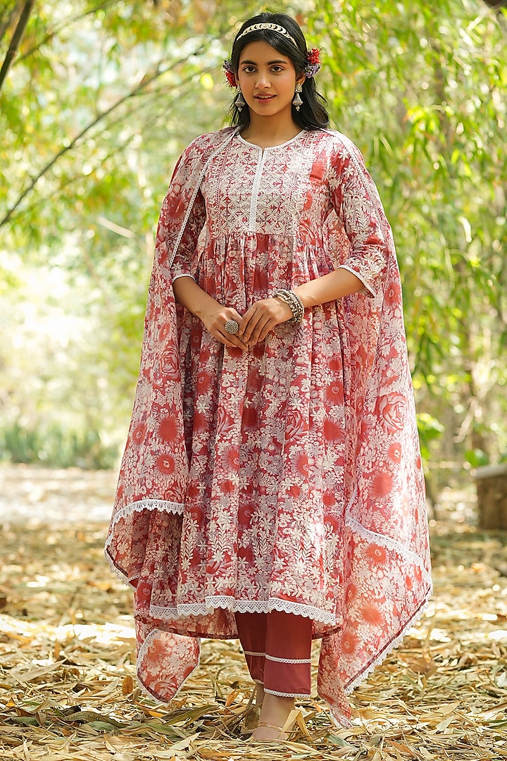 Pink Cotton Digital Printed Chikankari Anarkali Set by Scakhi at Pernia's Pop Up Shop