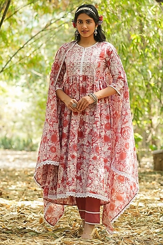 Pink Cotton Digital Printed Chikankari Anarkali Set by Scakhi Luxe