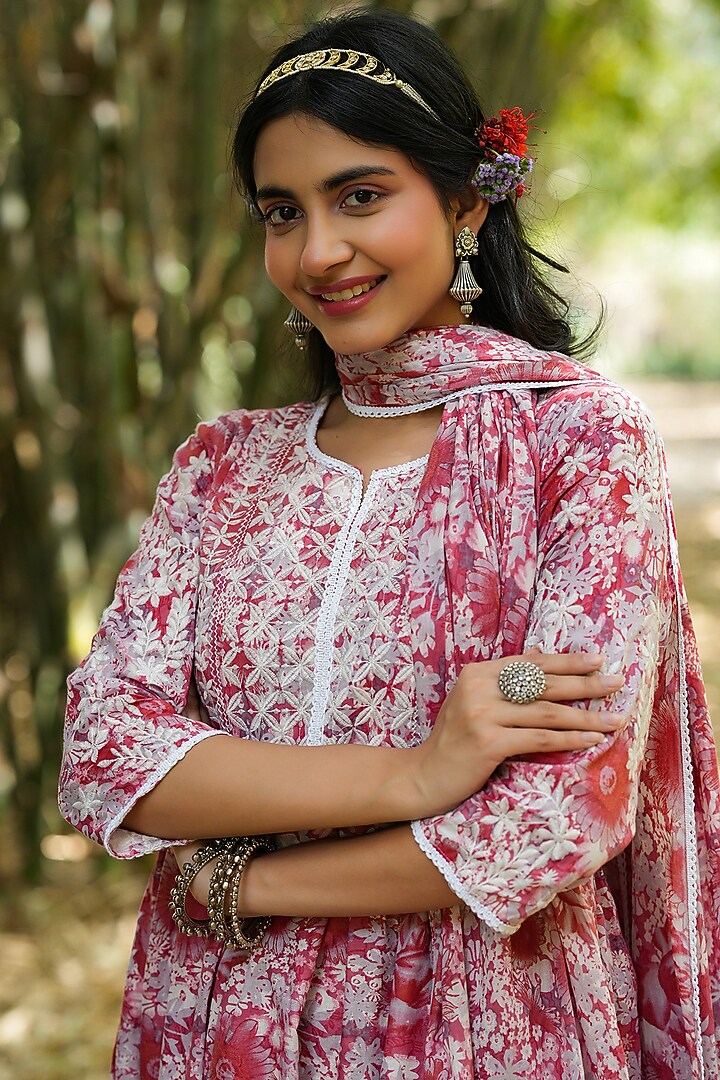 Pink Cotton Digital Printed Chikankari Anarkali Set by Scakhi Luxe at Pernia's Pop Up Shop