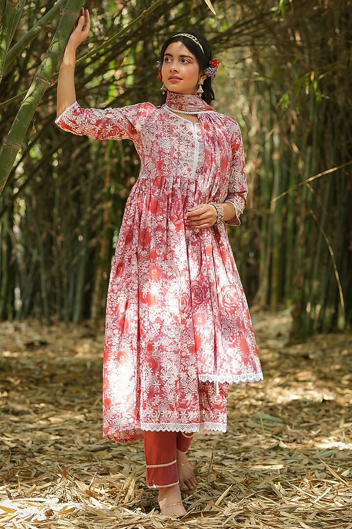 Pink Cotton Digital Printed Chikankari Anarkali Set by Scakhi Luxe at Pernia's Pop Up Shop
