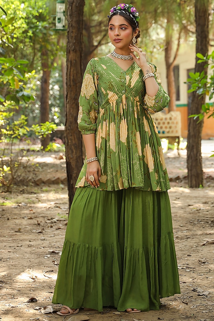 Green Chinon Silk Sharara Set by Scakhi