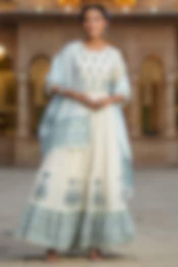 Blue Cotton Mulmul Embroidered & Printed Anarkali Set by Scakhi Luxe at Pernia's Pop Up Shop