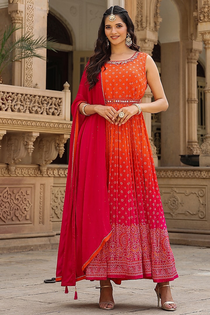 Orange Chinon Silk Embroidered & Printed Anarkali Set by Scakhi at Pernia's Pop Up Shop