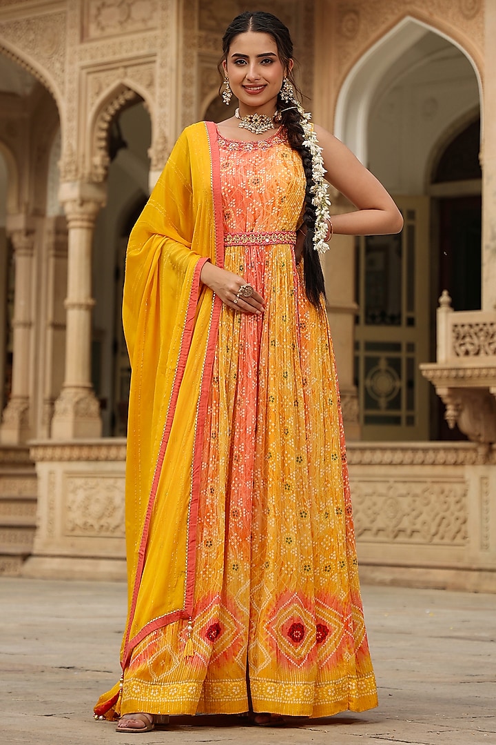 Yellow Chinon Silk Embroidered & Printed Anarkali Set by Scakhi