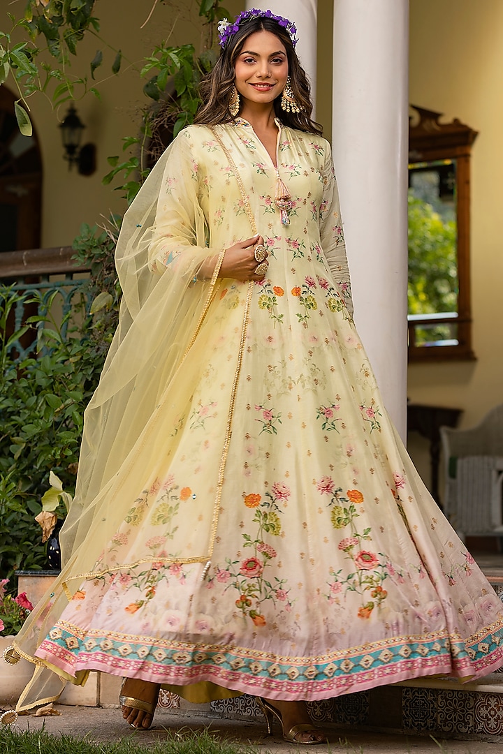 Lime Yellow Dola Silk Embroidered & Printed Anarkali Set by Scakhi