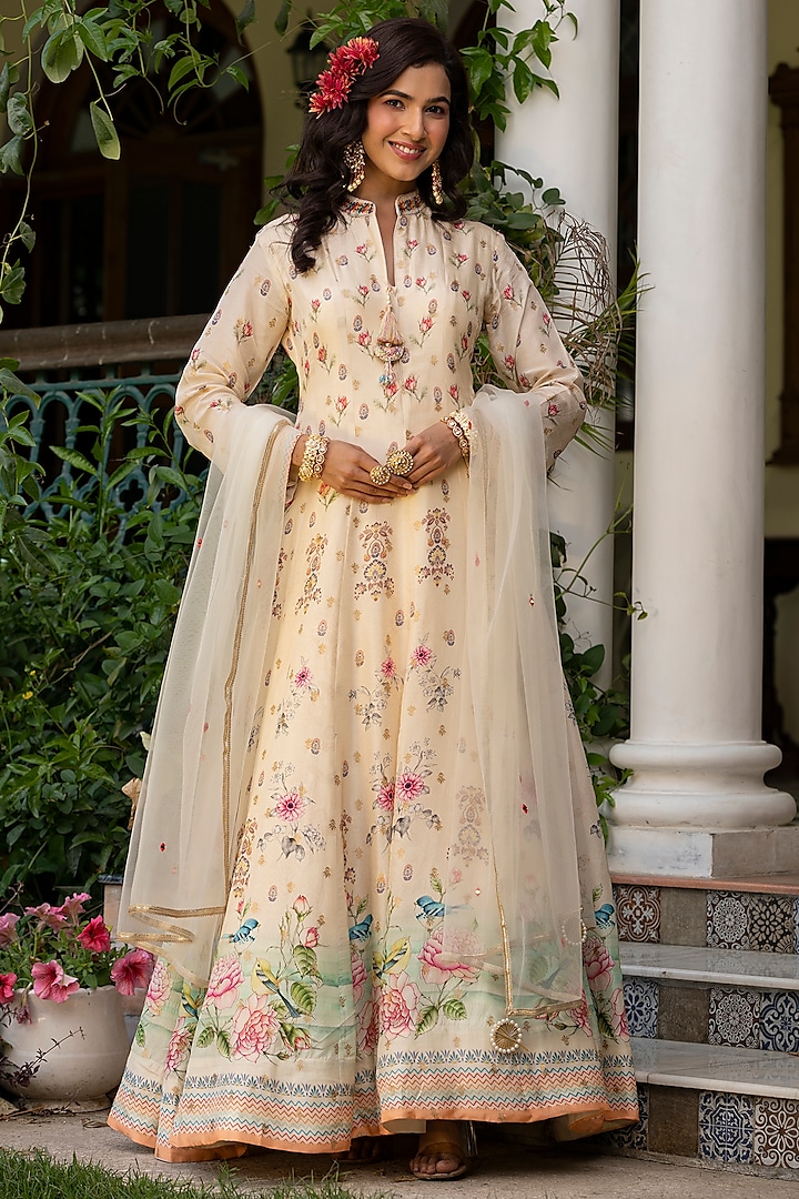 Off-White Dola Silk Embroidered & Printed Anarkali Set by Scakhi