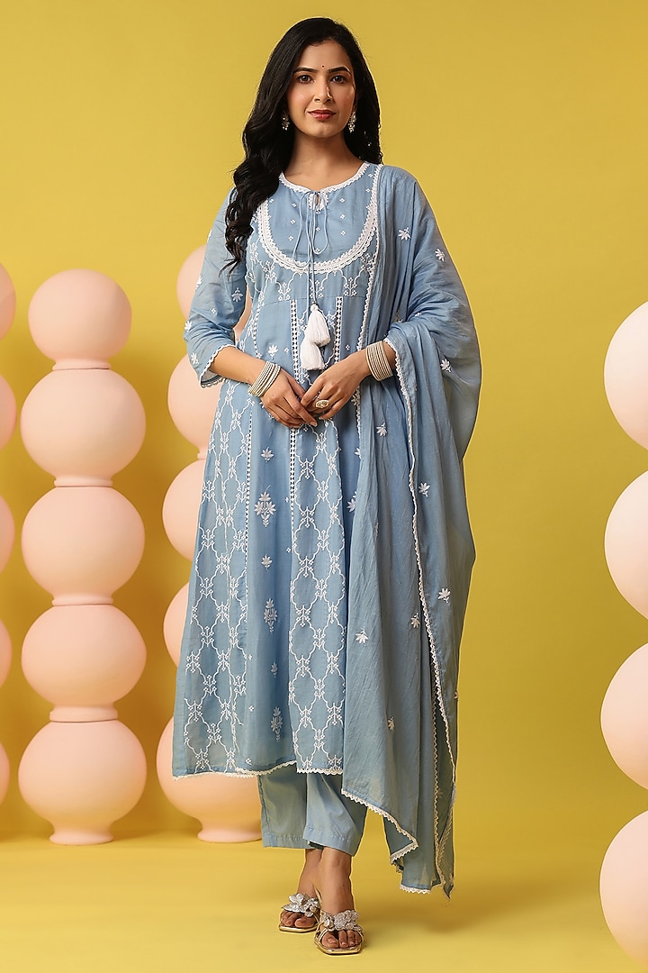 Powder Blue Cotton Mulmul Embroidered Anarkali Set by Scakhi Luxe at Pernia's Pop Up Shop