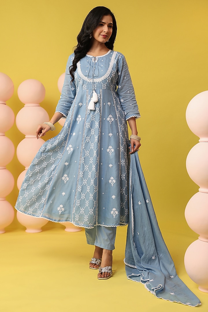 Powder Blue Cotton Mulmul Embroidered Anarkali Set by Scakhi Luxe at Pernia's Pop Up Shop