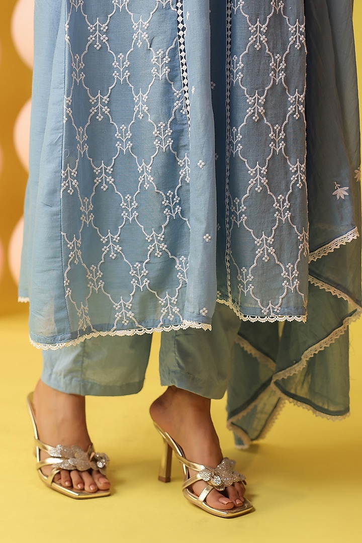 Powder Blue Cotton Mulmul Embroidered Anarkali Set by Scakhi Luxe at Pernia's Pop Up Shop