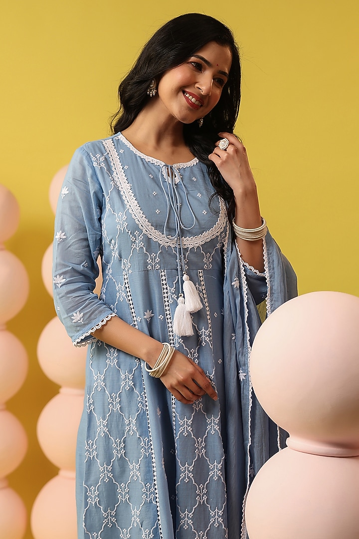 Powder Blue Cotton Mulmul Embroidered Anarkali Set by Scakhi Luxe at Pernia's Pop Up Shop