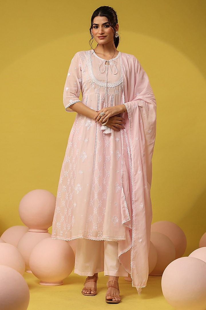 Pink Cotton Mulmul Embroidered Anarkali Set by Scakhi Luxe at Pernia's Pop Up Shop