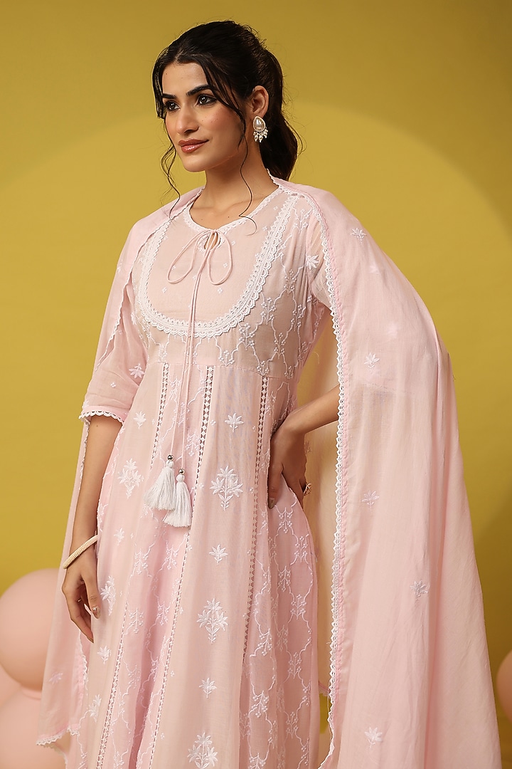 Pink Cotton Mulmul Embroidered Anarkali Set by Scakhi Luxe at Pernia's Pop Up Shop