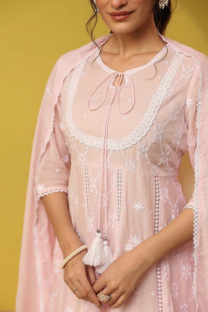 Pink Cotton Mulmul Embroidered Anarkali Set by Scakhi Luxe at Pernia's Pop Up Shop